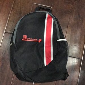 Cathay Bank medium size black carrying backpack.